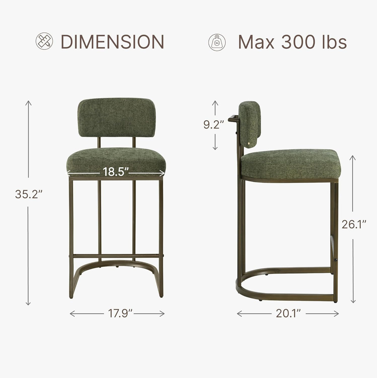 26" H Counter Height Bar Stools Set of 3, Modern Linen Fabric Upholstered Barstools with Backrest for Kitchen Island, Gold Metal Frames, Green
