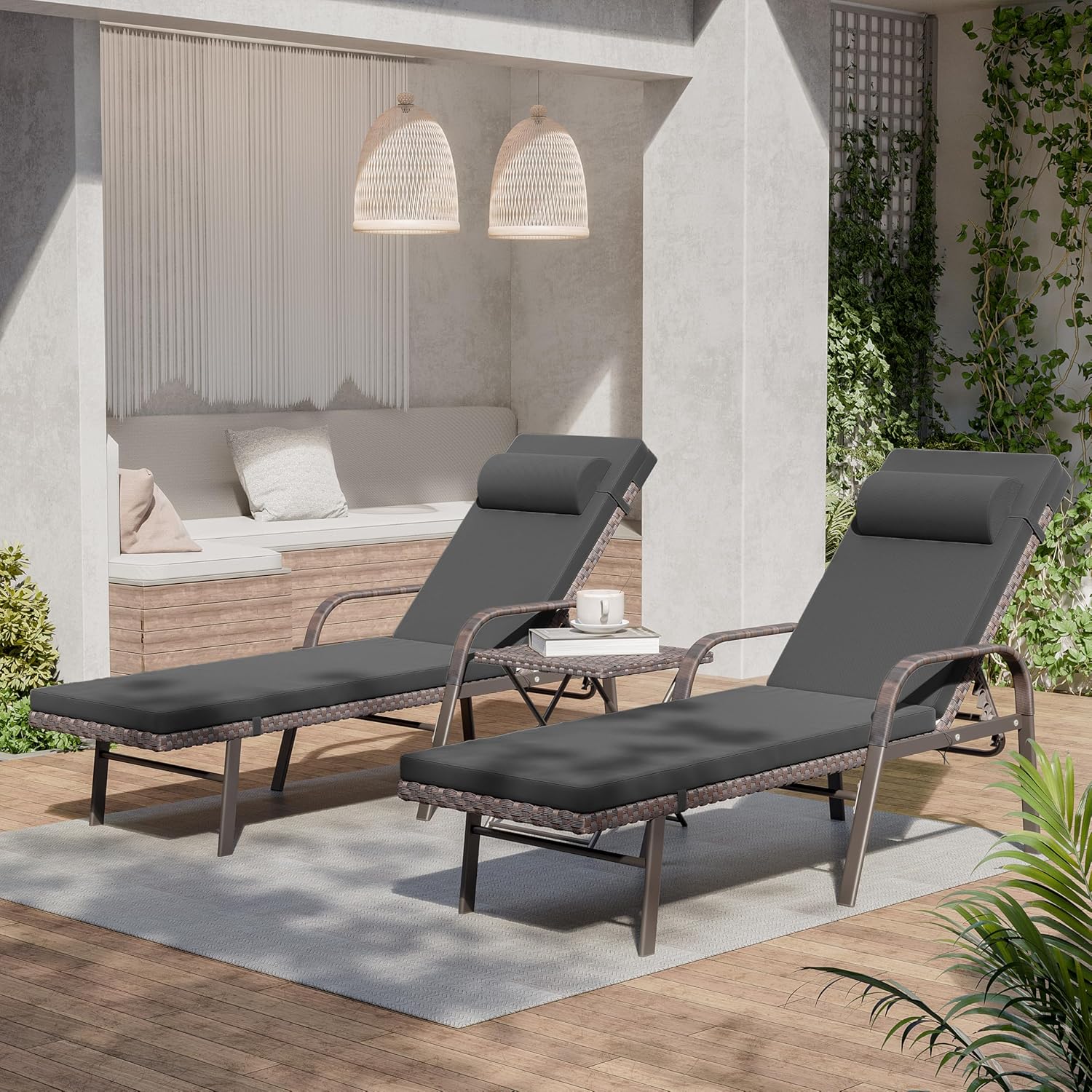 3 Pieces Patio Chaise Lounge Set Outdoor PE Rattan Armrest Lounge Chair Adjustable Backrest Reclining Chair with Folding Table and Cushion for Patio Poolside Backyard Porch Beach(Black)