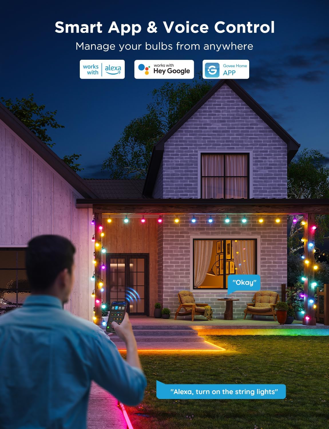 Govee Smart Outdoor String Lights 2, 144ft Outdoor Lights with Dimmable Warm White LED Bulbs, 47 Scene Modes for Patio, Backyard, Balcony, IP65 Waterproof, Works with Alexa, App Control