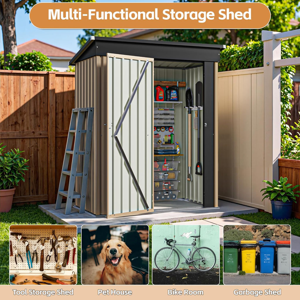 Greesum 5×3FT Outdoor Storage Shed, Metal Patio Storaged Sheds with Lockable Doors, Sheds & Outdoor Storage for Bike, Backyard, Pool and Garden, Brown