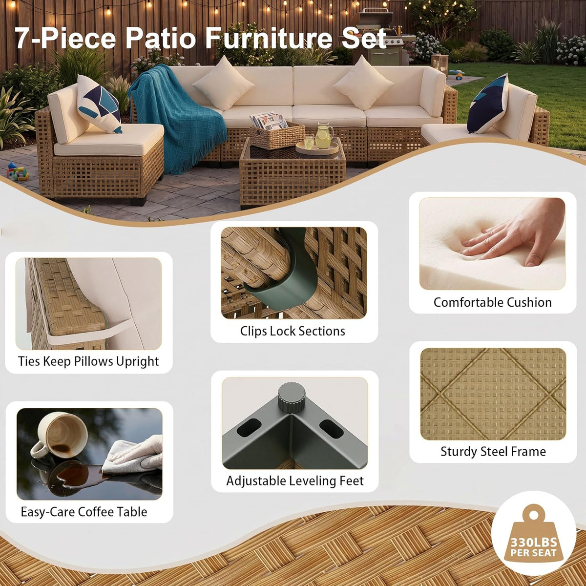 KIGOTY 7-Piece Patio Furniture Set, All-Weather PE Rattan Outdoor Sectional Sofa, Modular Wicker Conversation Set with Thick Cushions & Easy-Clean Coffee Table（Yellow/White）