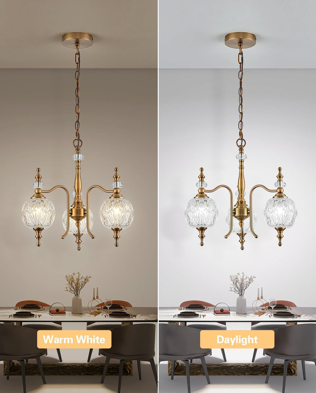 Vintage Pendant Light Fixtures, 3-Light Chandeliers for Kitchen Antique Gold Glass Pendant Lighting Matte Brushed Brass Finish with Crystal Glass Shade for Farmhouse Hotel Kitchen Island