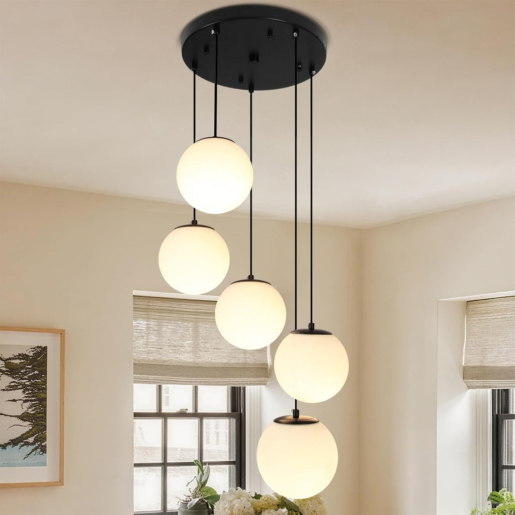 Globe Cluster Chandelier 5-Light, Black Modern Cluster Chandelier with Milk White Glass, Adjustable Globe Staircase Pendant Light for Kitchen Island Dining Room