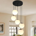 Globe Cluster Chandelier 5-Light, Black Modern Cluster Chandelier with Milk White Glass, Adjustable Globe Staircase Pendant Light for Kitchen Island Dining Room