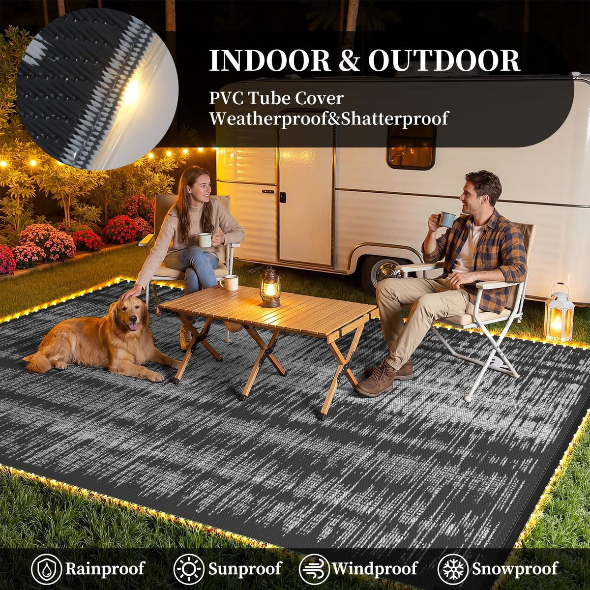 MontVoo Outdoor Rug Waterproof 9x12 ft with Strip Lights Outdoor Patio Rug Mat Reversible Plastic Straw Rug Outside Outdoor Rug for RV Camping Picnic Balcony Backyard