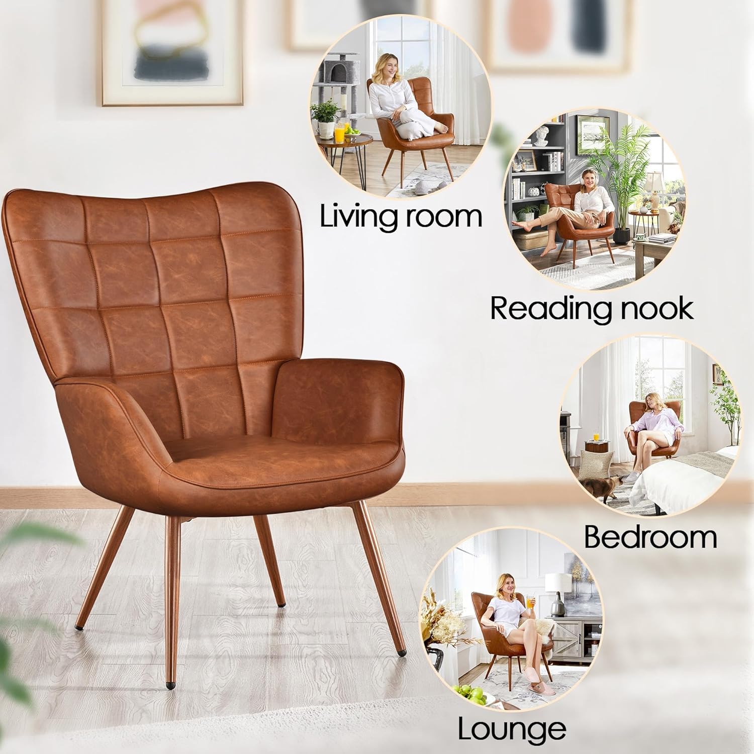 Yaheetech Accent Chairs, Large PU Leather High-Back Chair w/Metal Legs, Pottery Barn Style Living Room Chairs for Bedroom/Home Office, Brown, Set of 2