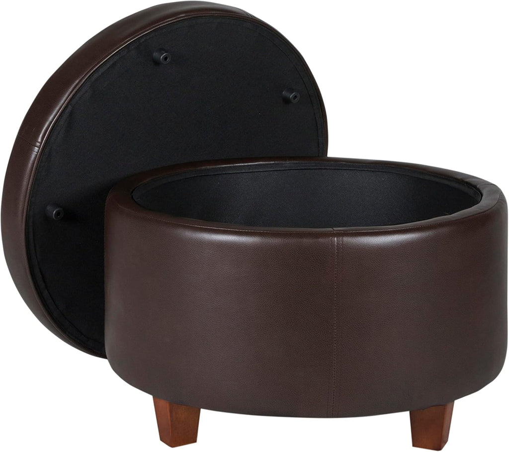 HomePop Round Leatherette Storage Ottoman with Lid, Chocolate Brown Large