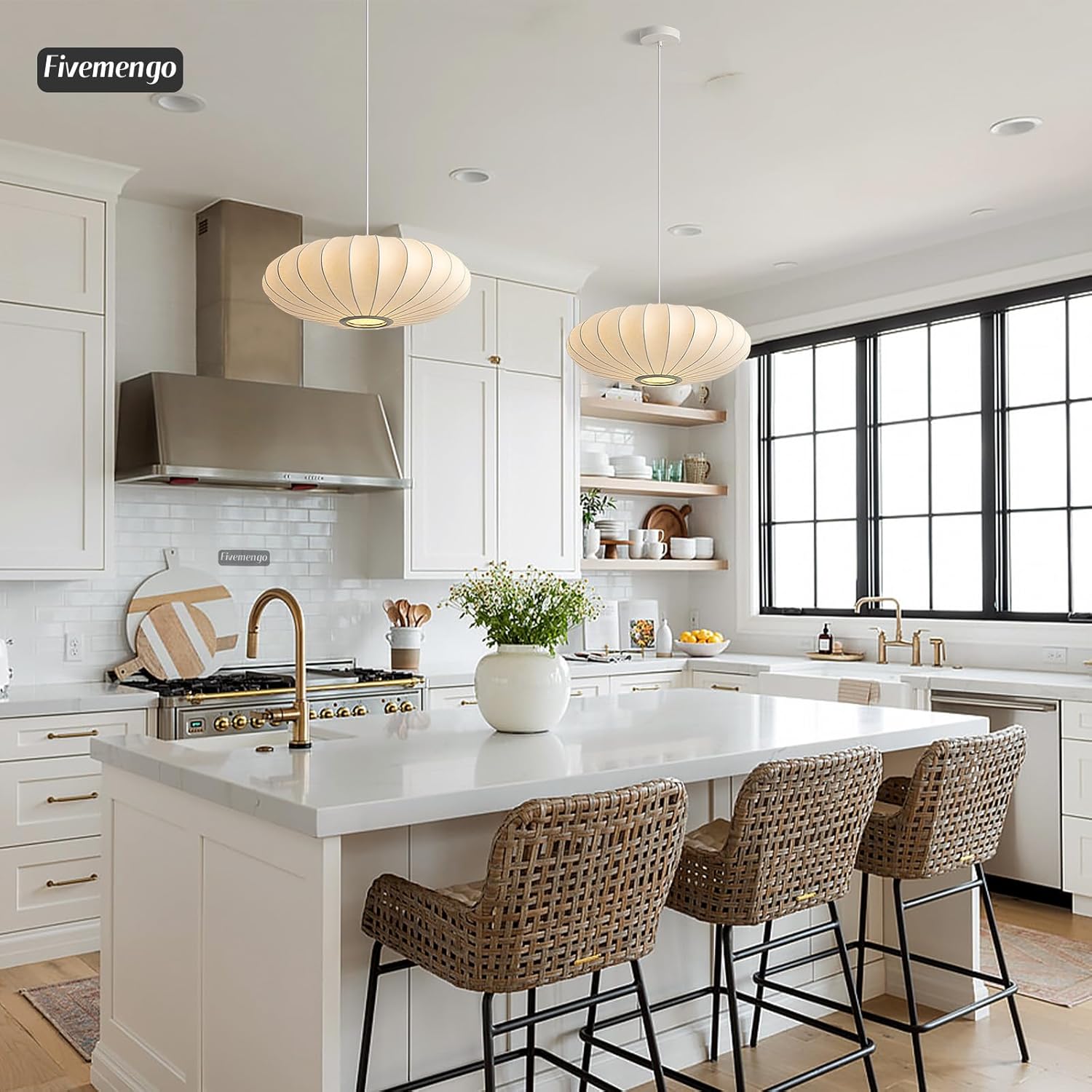20 Inch Lantern Pendant Light, White Imitation Silk Lampshade, Bubble Pendant Light Fixture Ceiling Hanging Lamp Chandelier for Living Dinning Room Kitchen Island Bedroom Restaurant Cafe