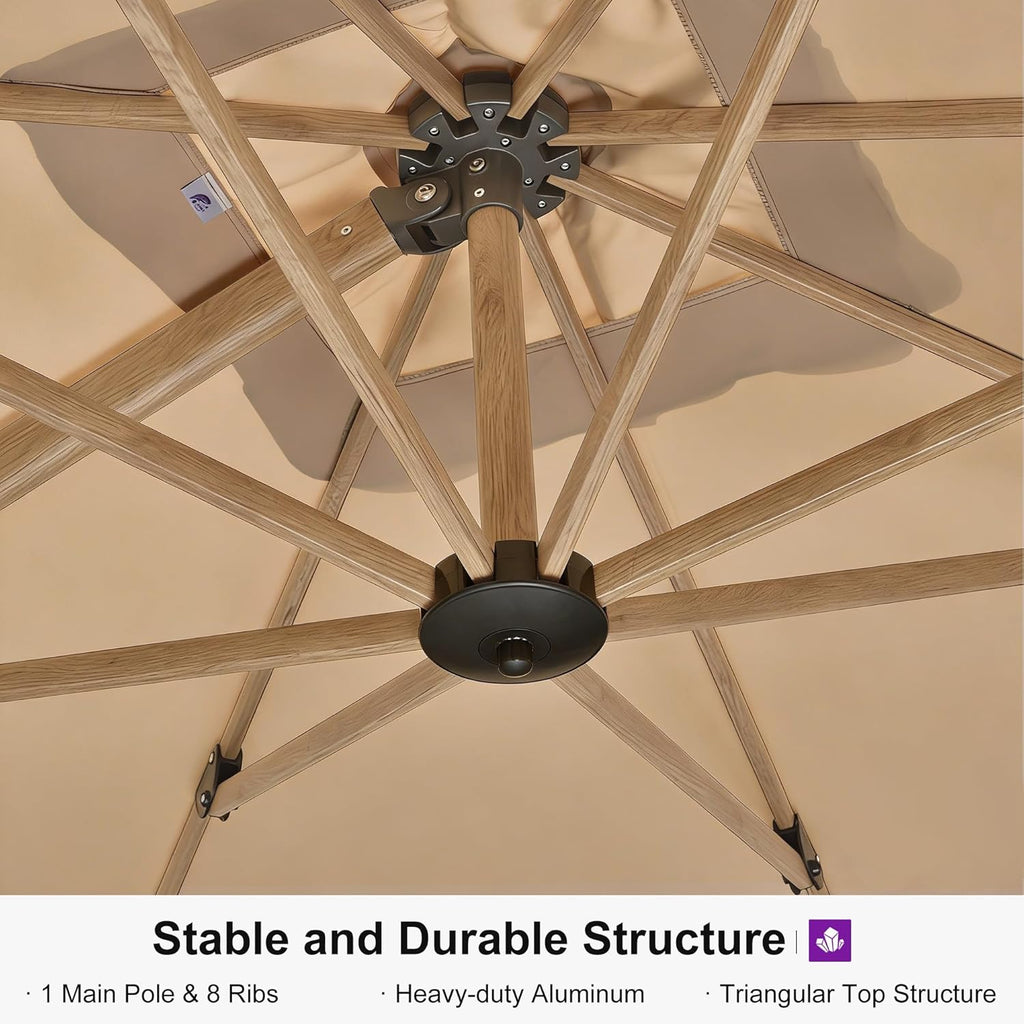 PURPLE LEAF 10' x 13' Rectangle Patio Cantilever Umbrella With Base Large Hanging Umbrella Teak Finished Aluminum Frame Windproof Offset Outdoor Sun Umbrellas for Beach Pool Deck, Beige