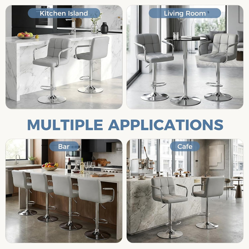 DUMOS Bar Stools Set of 4, Adjustable Swivel Bar Chairs with Padded Armrests and Ergonomic Backrest for Kitchen Island Counter Pub Dining Room, Water-Resistant PU Leather, Grey