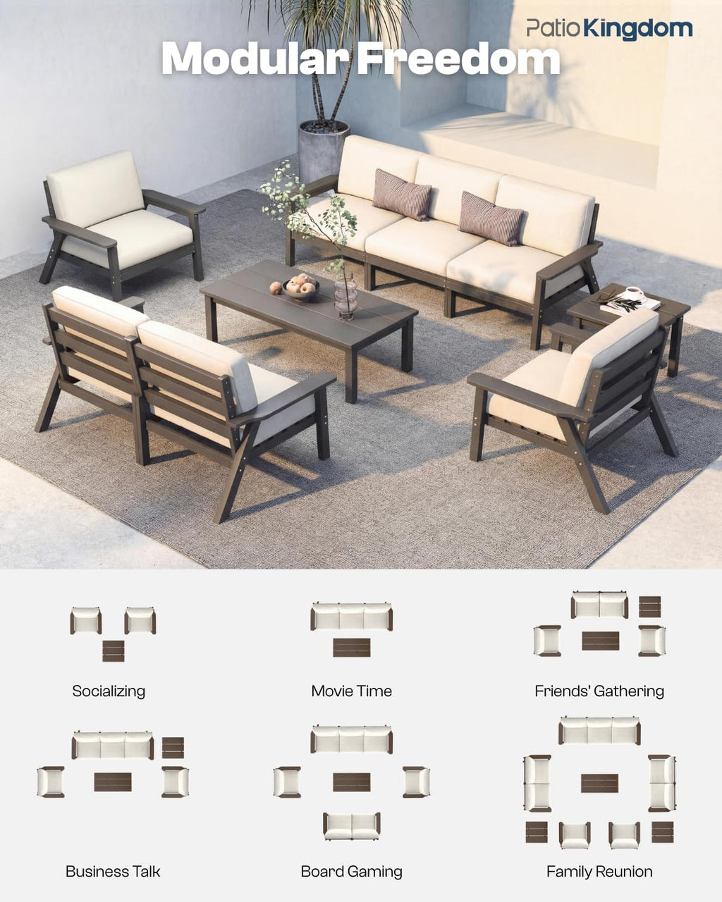 7 Piece Patio Conversation Sets, Outdoor Couch with Washable Thick Beige Cushions, HDPE Patio Furniture Set, Outdoor Sectional Furniture for Backyard, Deck, Lawn, Porch (Grey Frame)