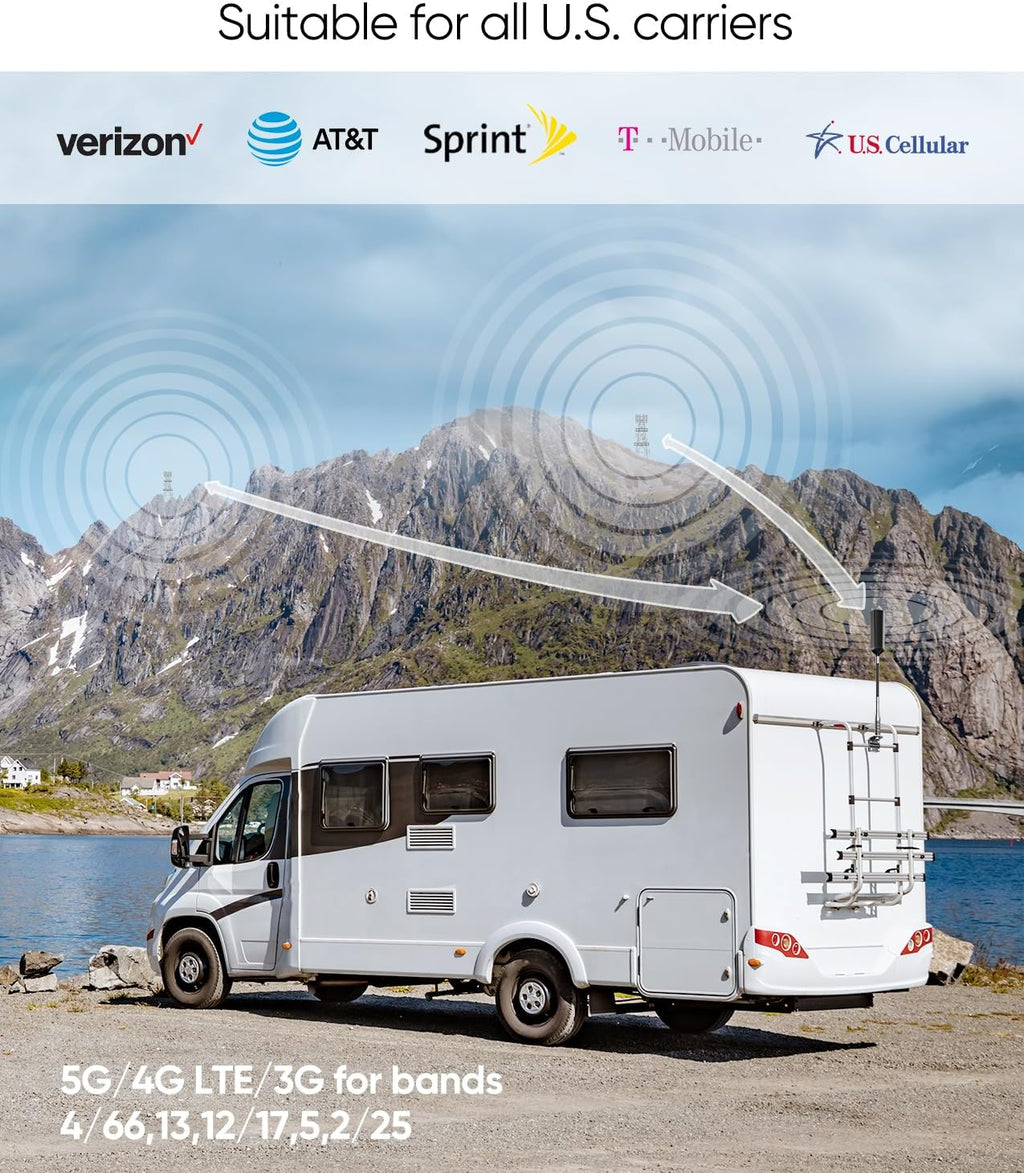 Cell Phone Booster for Truck RV Vehicle, Cell Phone Signal Booster Compatible with All U.S. Carriers AT&T, Verizon, T-Mobile & More, Boosts 5G/4G LTE/3G Signal for Band 4/12/13/17/5/2/25