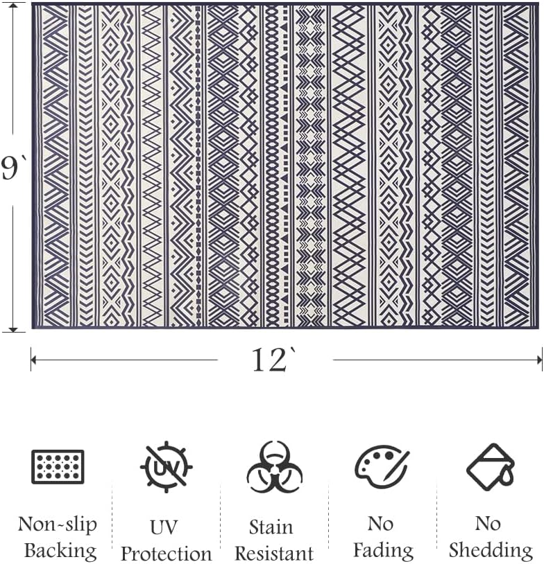 Outdoor Rug Carpet 9X12 ft, Flatweave Textured Outdoor Patio Rug Non Slip Indoor Outdoor Rugs with Rubber Particles Backing Boho Outdoor Area Rug for Patio Deck Front Porch Backyard Balcony, Navy
