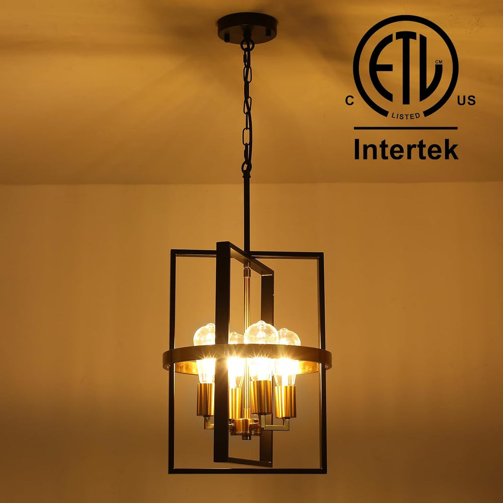 Small Black and Gold Chandelier for Dining Room, 4-Light Modern Pendant Lights Adjustable Geometric Industrial Rustic Foyer Lighting Fixtures for Entryway Living Room Kitchen Island Hallway