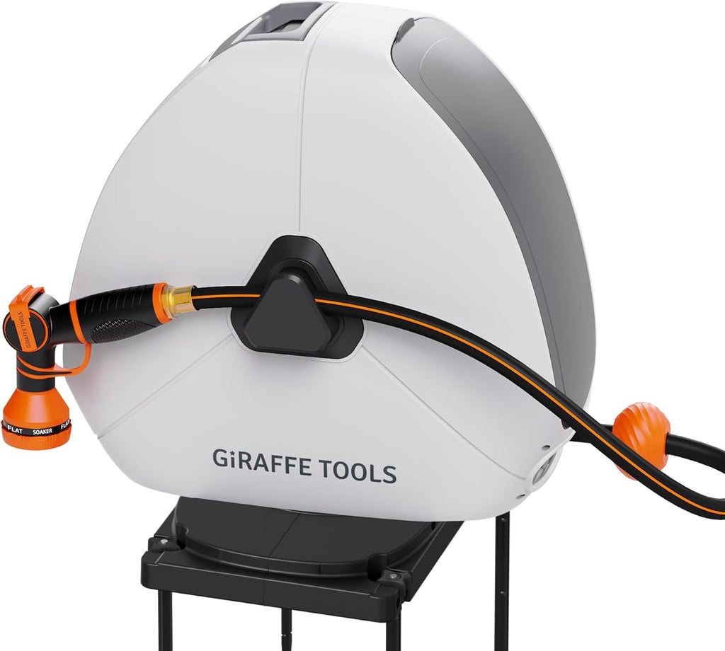 Giraffe Tools Retractable Heavy Duty Hose Reel, 1/2" x 100FT Automatic Rewind Garden Hose Reel with 360° Swivel Base, Ground Mounted for Lawn, Patio, Concrete Floor & Yard Watering