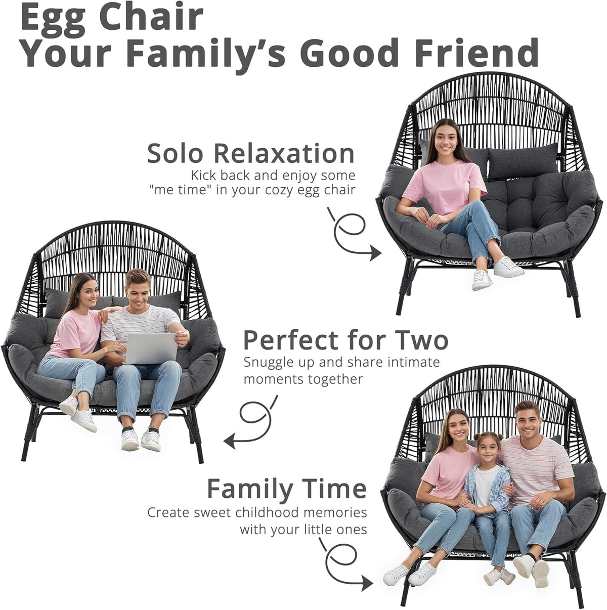 IRONCK Double Egg Chair Outdoor, 2 Person Wicker Lounge Chair, Oversized Thickened Padded Cushions and Headrests, 680 Lbs Egg Loveseat for Indoor, Patio, Living Room, Porch, Balcony, Dark Grey