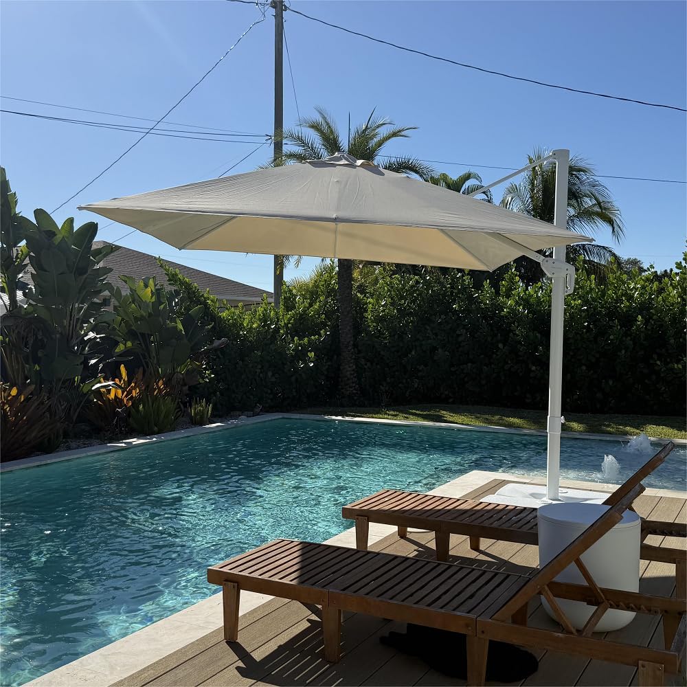 PURPLE LEAF 10 FT White Cantilever Umbrella With Base, Patio Umbrella Outdoor Offset Aluminum Umbrella Windproof with 360° Rotation for Deck Pool Garden, Beige