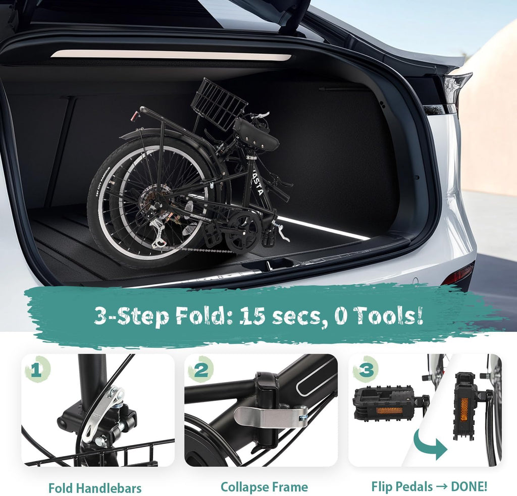 AVASTA Quartet 20 24 Inch Folding Bike with 7-Speed, Dual C-Brake, Fender, Rear Rack and Bicycle Basket, Mutiple Colors