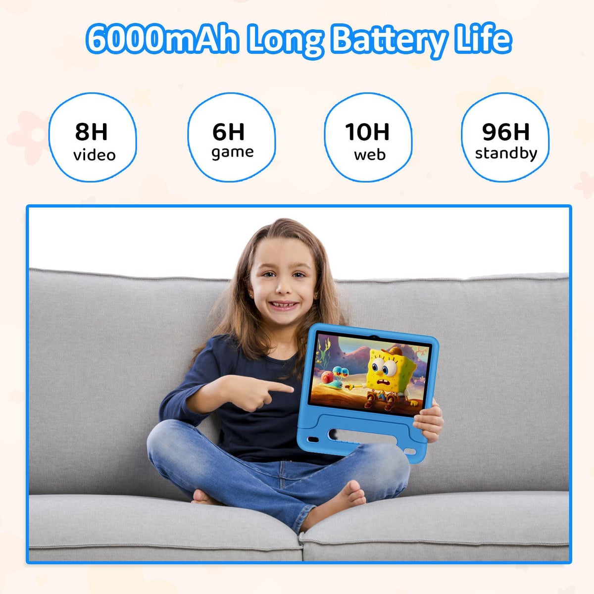 WXUNJA Android 15 Kids Tablet, 2025 Upgraded 10.1 Inch Tablets with Octa-core Processor, 6000mAh Battery, Kid Space, Parental Control,Pre-Loaded Kids Apps, 2.4/5GHZ Dual WiFi, Case Included, Blue
