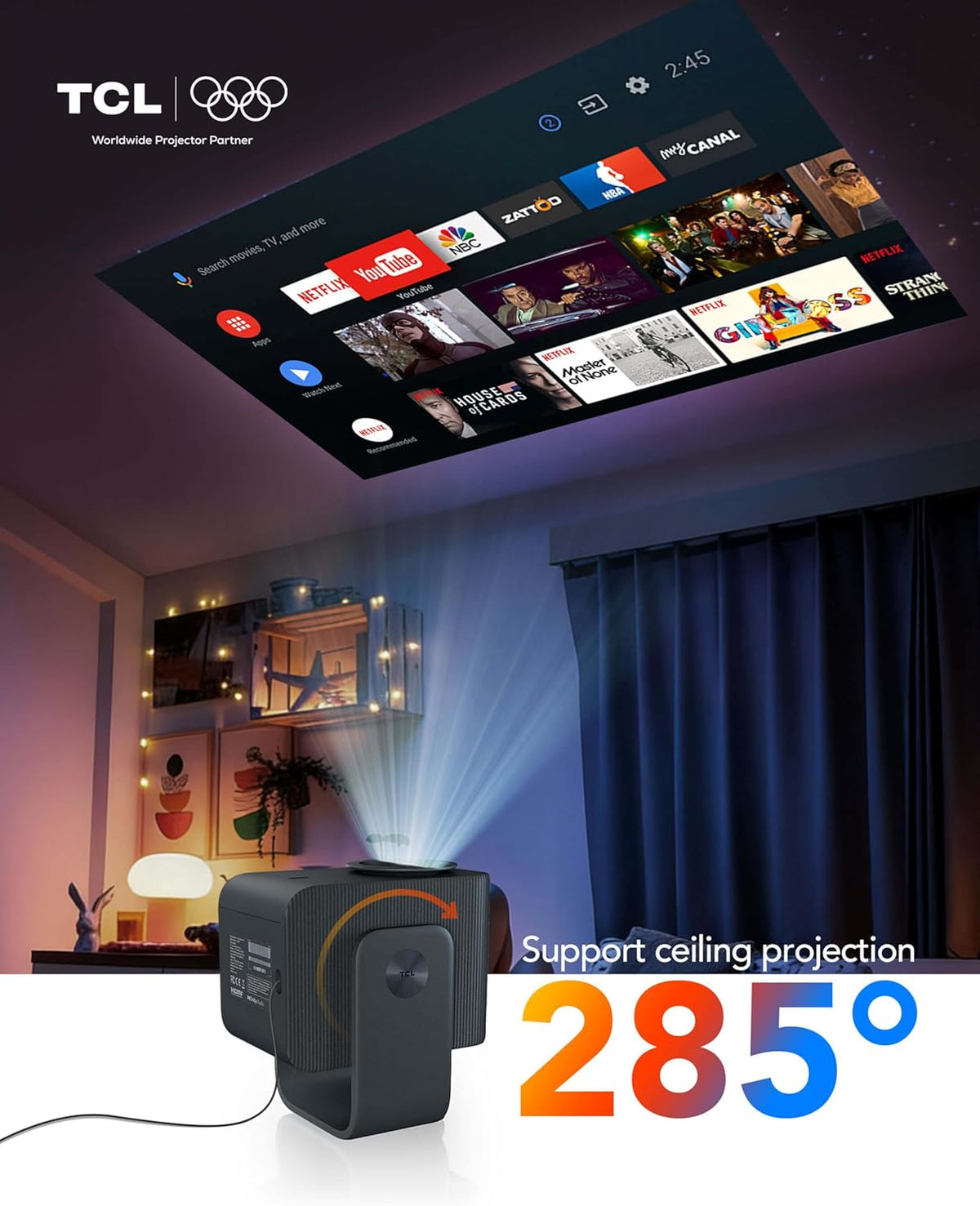 TCL C1 Smart Projector 4K Support, Compatible with Google TV, WiFi and Bluetooth, Auto Focus/Keystone, 1080P HDR10, Dolby Audio, 285° Rotation Mini Projector for Bedroom/Home Theater/Outdoor