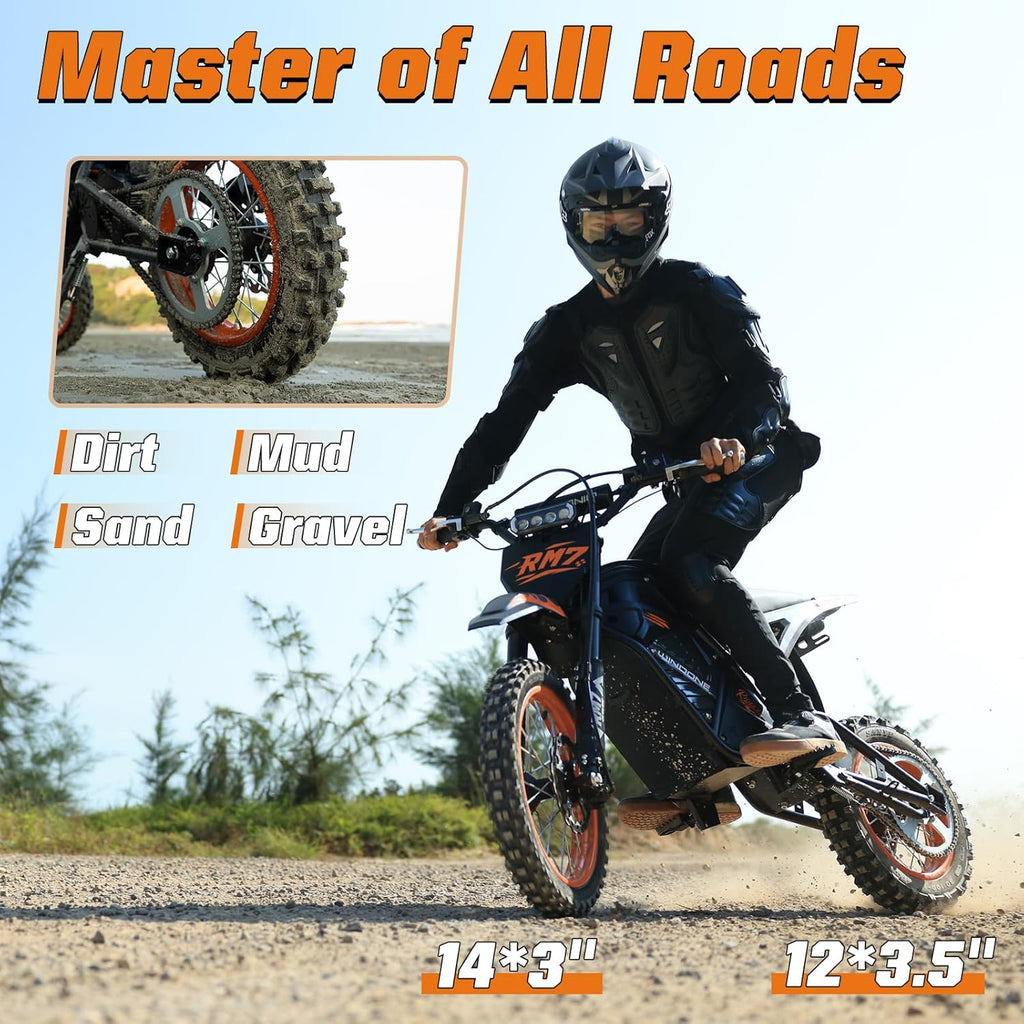 RM7 Electric Dirt Bike for Adults & Teens, 2200W Peak Ebike, 48V 22.5Ah, 37 MPH, 45 Miles, 14"/12" Tire Off-Road Electric Motorcycle, Dual Hydraulic Brakes, Fit Age 13+
