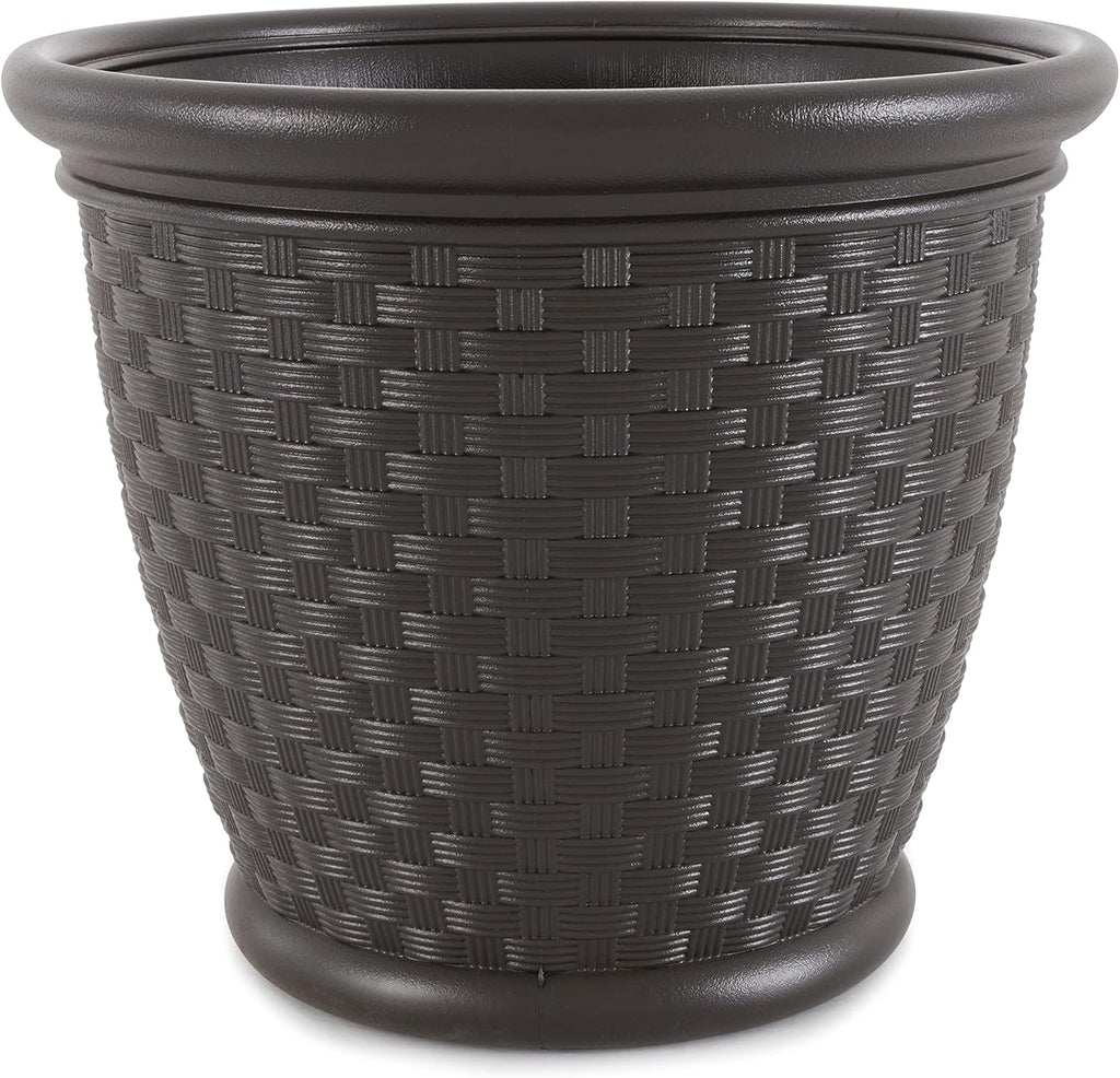 Suncast 4 Pack Sonora 18 Inch Lightweight Durable Plastic Wicker Decorative Flower Planter Pot for Yard, Garden, Indoor or Outdoor Use, Brown