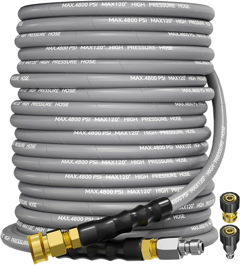 3/8" 4800PSI Pressure Washer Hose 100FT with Swivel Quick Connect for Cold/Hot Water Max 248°F, Kink Resistant Steel Wire Braided, Wear Resistant Power Washer Hose with M22 14mm Adapter