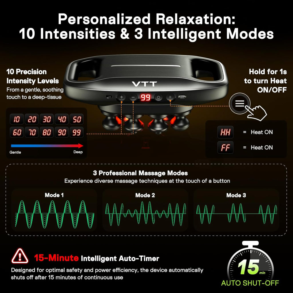VTT 10 Head Massage Gun with Heat, Large Surface Percussion Massager, Dual Metal Heated Nodes (113°F), 10 Speeds & 3 Modes, Deep Tissue Muscle Relaxation for Back, Neck, Shoulders & Legs
