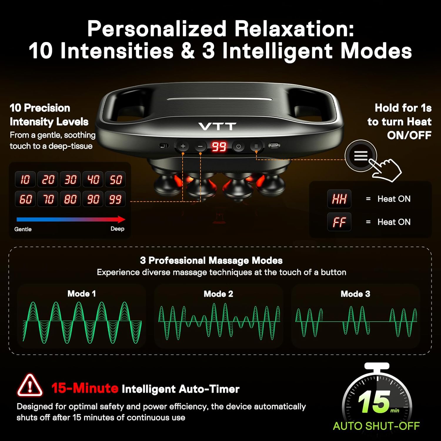 VTT 10 Head Massage Gun with Heat, Large Surface Percussion Massager, Dual Metal Heated Nodes (113°F), 10 Speeds & 3 Modes, Deep Tissue Muscle Relaxation for Back, Neck, Shoulders & Legs
