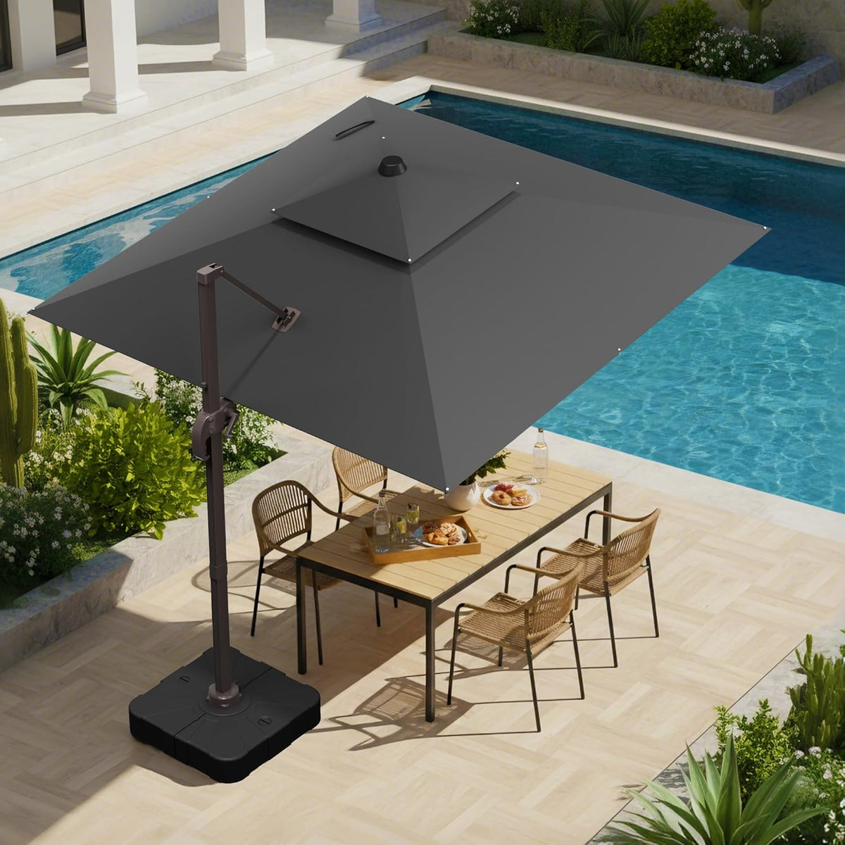 10x10 FT Patio Umbrella with Base, Large Cantilever Double Top Heavy Duty Offset Umbrellas with 360° Rotation, Outdoor shade for Garden Deck Pool, Grey