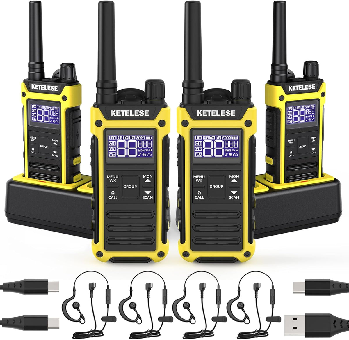 KETELESE T3F IP67 Waterproof Two Way Radios, FRS Walkie Talkie 4 Pack with Earpieces,USB C Charge Dock,Group Talk,Flashlight,VOX,Weather Alert, for Adults, Black/Yellow