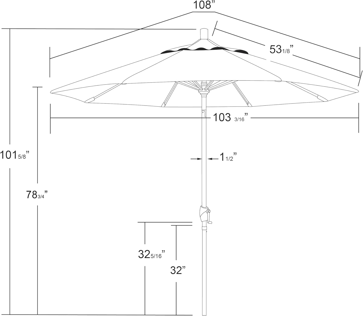 California Umbrella 12-Year-Non-Fading, 9Ft Premium Sunbrella Patio Umbrella, Hand-Crank, Button-Tilt, White Frame, Natural Fabric
