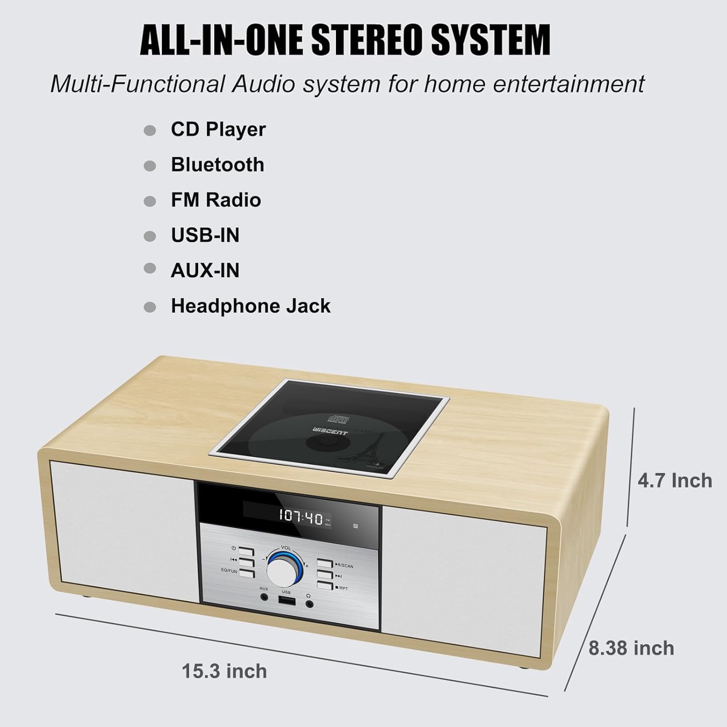 Bluetooth Stereo System for Home with CD Player, Vintage Wooden Hi-Fi Music System with Bluetooth, FM Radio, AUX & USB Input, Remote Control, Compact Radio & Stereo