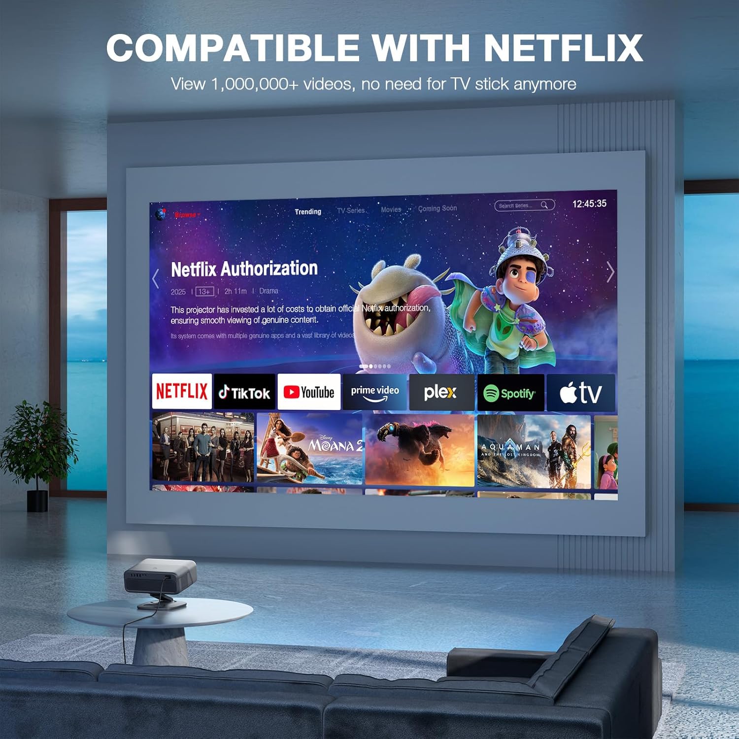 Officially-Licensed APP & 2500ANSI 4K Projector with WiFi and Bluetooth,3D Dolby Audio and Auto Focus Smart Projector,Outdoor Movie Home Theater Proyector with Omni-Adjustable Stand (grey)