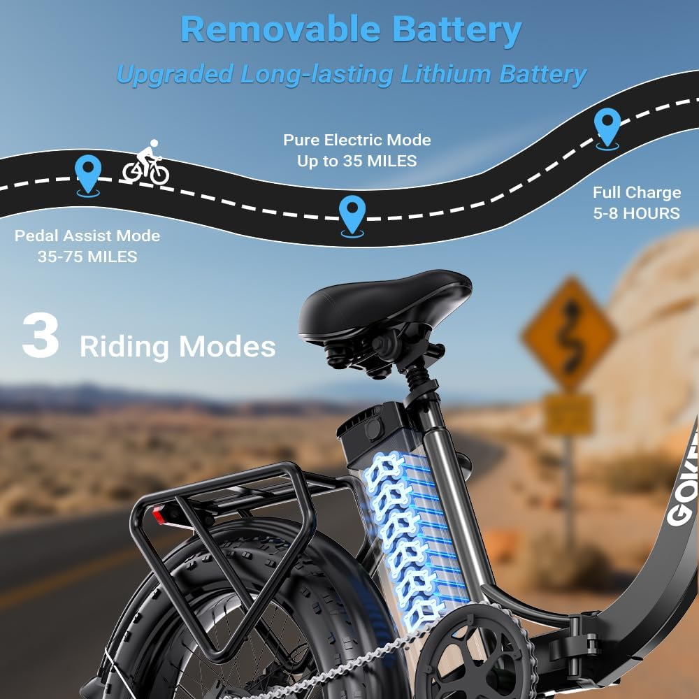 Folding Electric Bike, 1300W Peak Motor, 75 Miles PAS Range, 52V 13Ah Removable Battery, 20" Fat Tire & Front Suspension Electric Bicycles, 20MPH 7-Speed Commuter Ebike, UL2849 Certified, Black