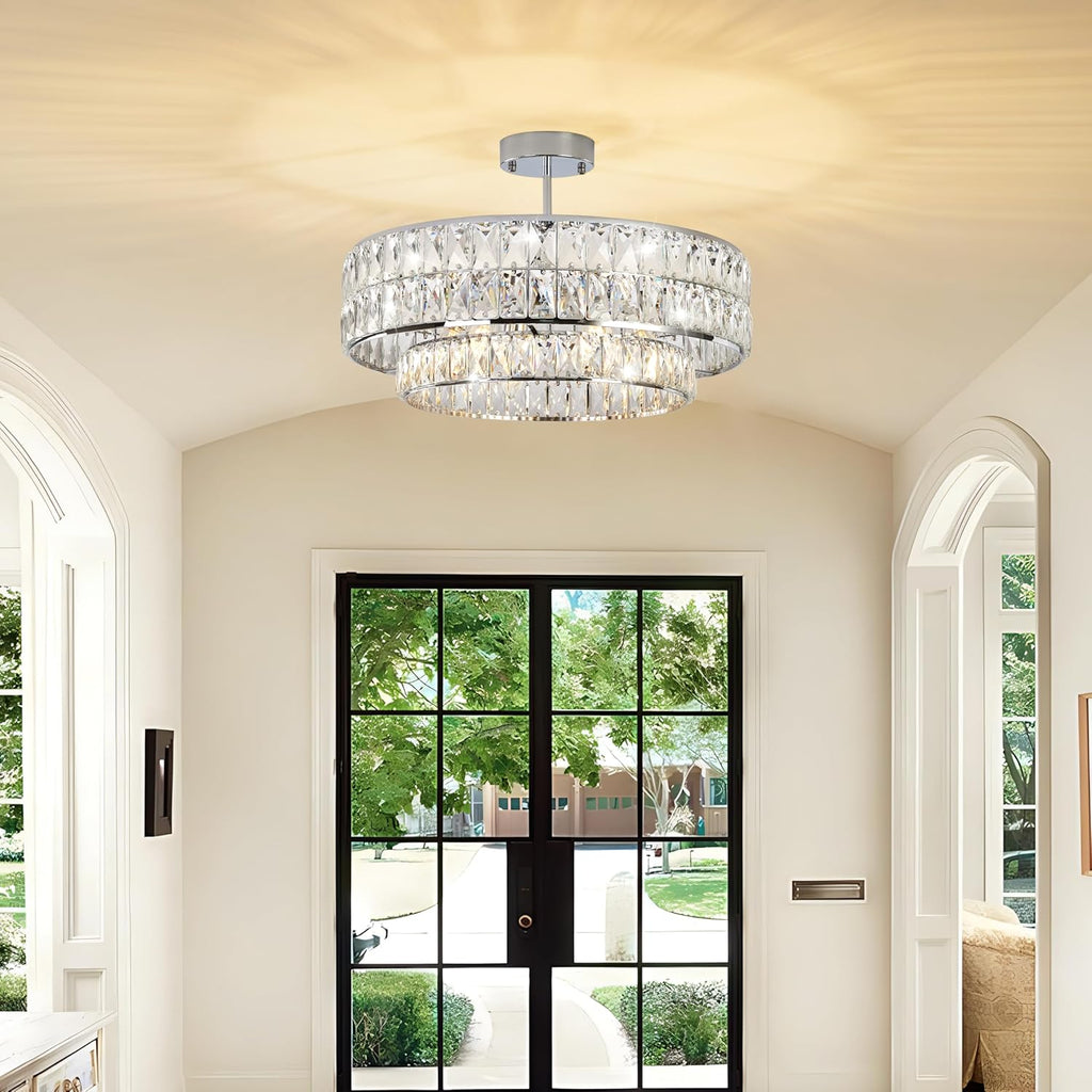 20 Inch Contemporary Luxury Crystal Chandelier, 6-Light Chrome Semi-Flush Mount Ceiling Fixture, Round Crystal Pendant Design Perfect for Living Room, Dining Room, Kitchen, Foyer & Bedroom