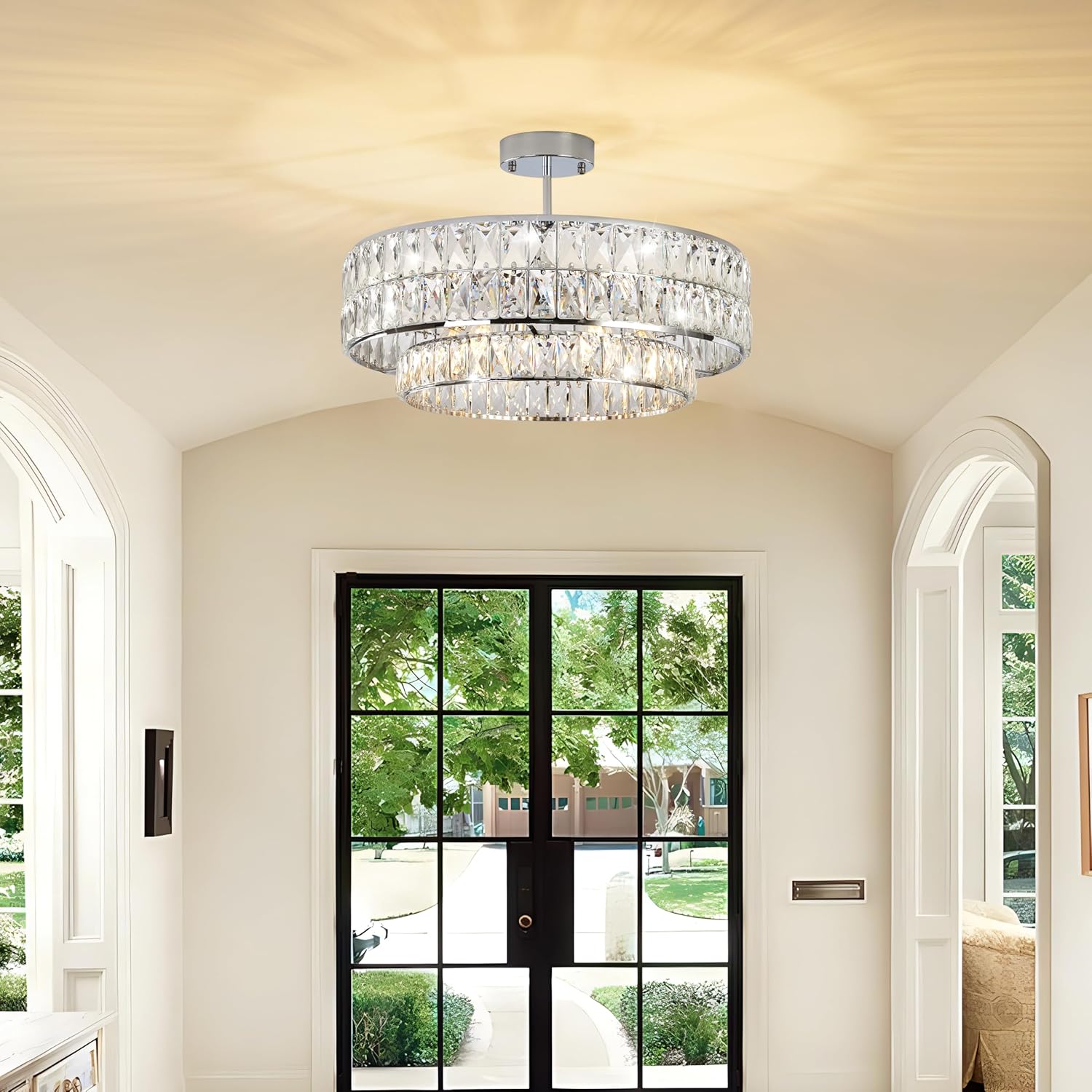 20 Inch Contemporary Luxury Crystal Chandelier, 6-Light Chrome Semi-Flush Mount Ceiling Fixture, Round Crystal Pendant Design Perfect for Living Room, Dining Room, Kitchen, Foyer & Bedroom
