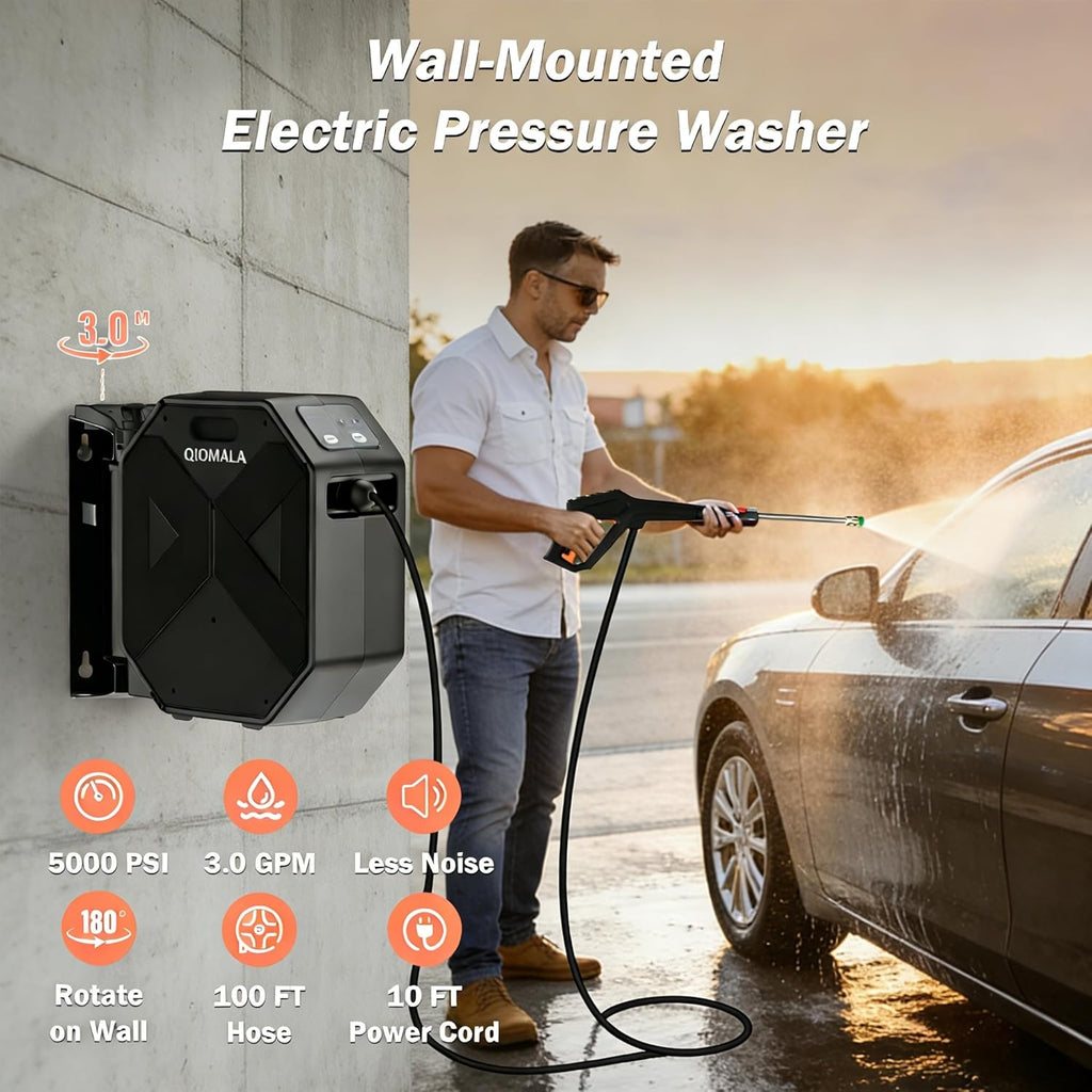 Wall Mounted PowerWasher 5000MAXPSI, 100FT Retractable Hose, Foam Cannon & 5 Quick Connect Nozzles for Car, Lane, Patio Cleaning