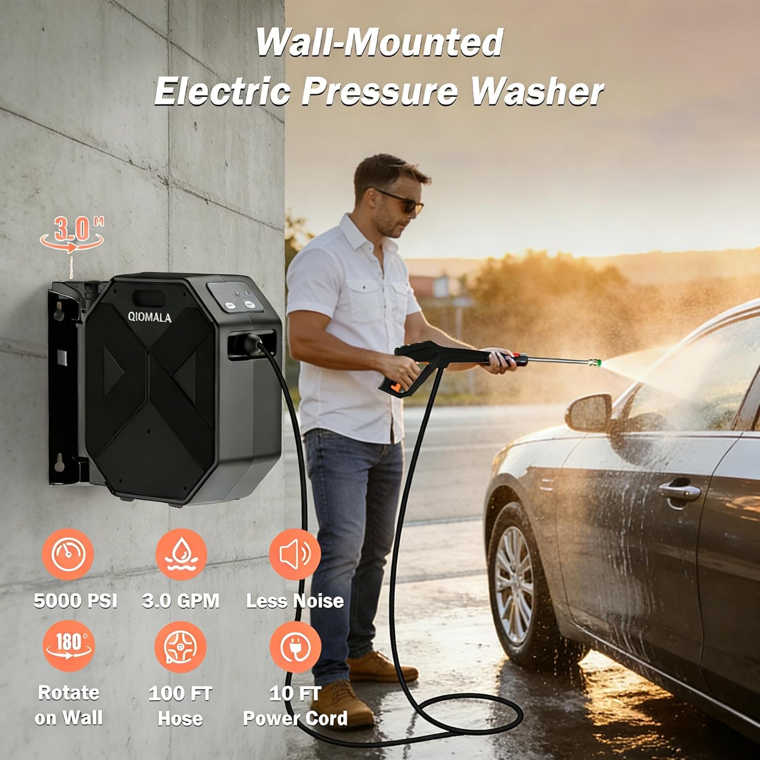 Wall Mounted PowerWasher 5000MAXPSI, 100FT Retractable Hose, Foam Cannon & 5 Quick Connect Nozzles for Car, Lane, Patio Cleaning