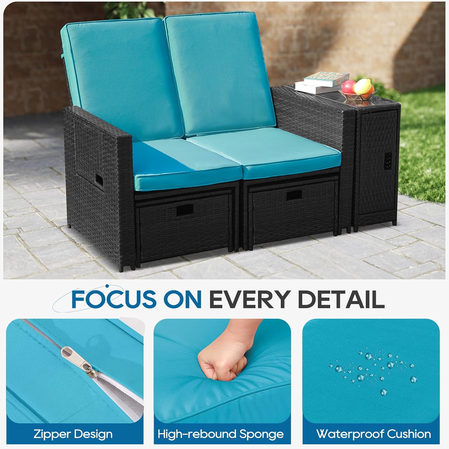 5PCS Outdoor Wicker Chaise Lounge Chair - Rattan Adjustable Reclining Patio Lounge Chair with Ottoman and Coffee Table, for Patio Beach Pool Backyard (Black Wicker Turquoise Cushion)