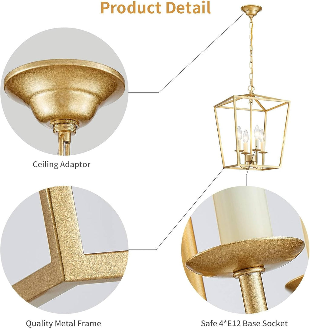 ANJIADENGSHI Vintage Lantern Pendant Light 4 Light Lantern Chandelier Farmhouse Gold Pendant Light for Kitchen Island Entryway Dining Room Hallway Bar Cafe(Bulbs Not Included)