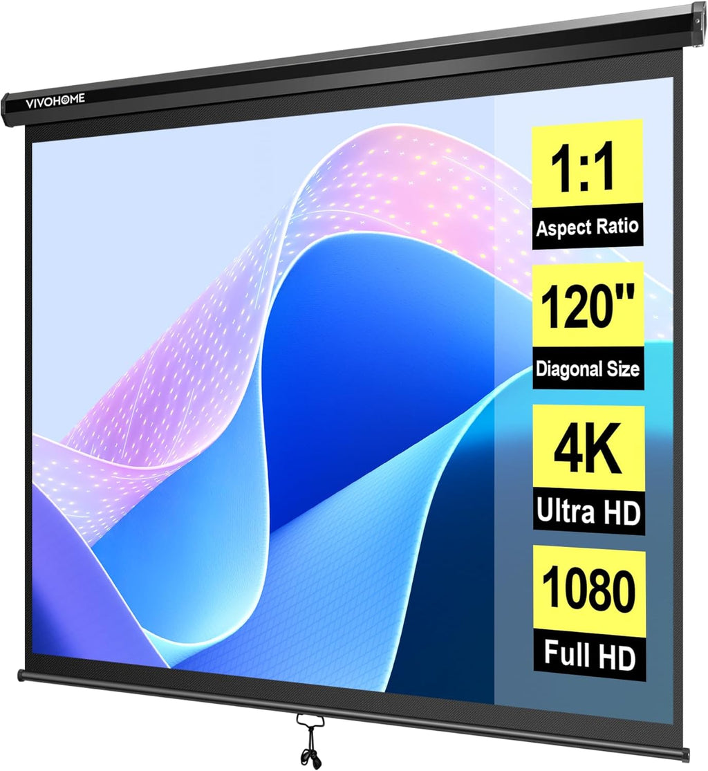 VIVOHOME 120 Inch 1:1 Pull Down Projector Screen, HD 4K Retractable Movie Screen for Indoor Home Theater and Office, Manual Projection Screen with Auto Locking (84Wx84H Inch Display Area), Black