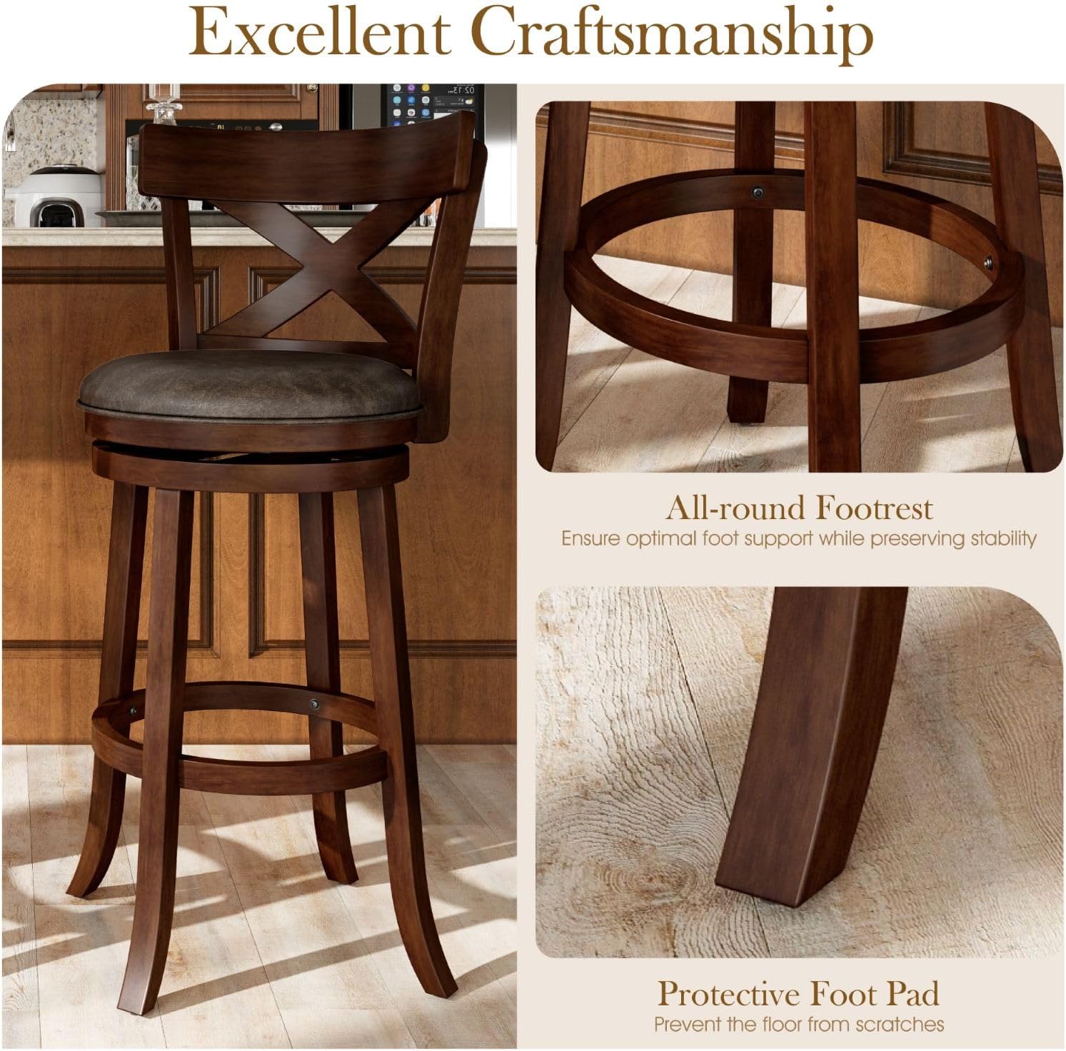 Sophia & William Swivel Bar Stools Set of 3, 30 Inch Bar Height Barstools with Cross Back & Solid Wood Legs,Faux Leather Kitchen Stools