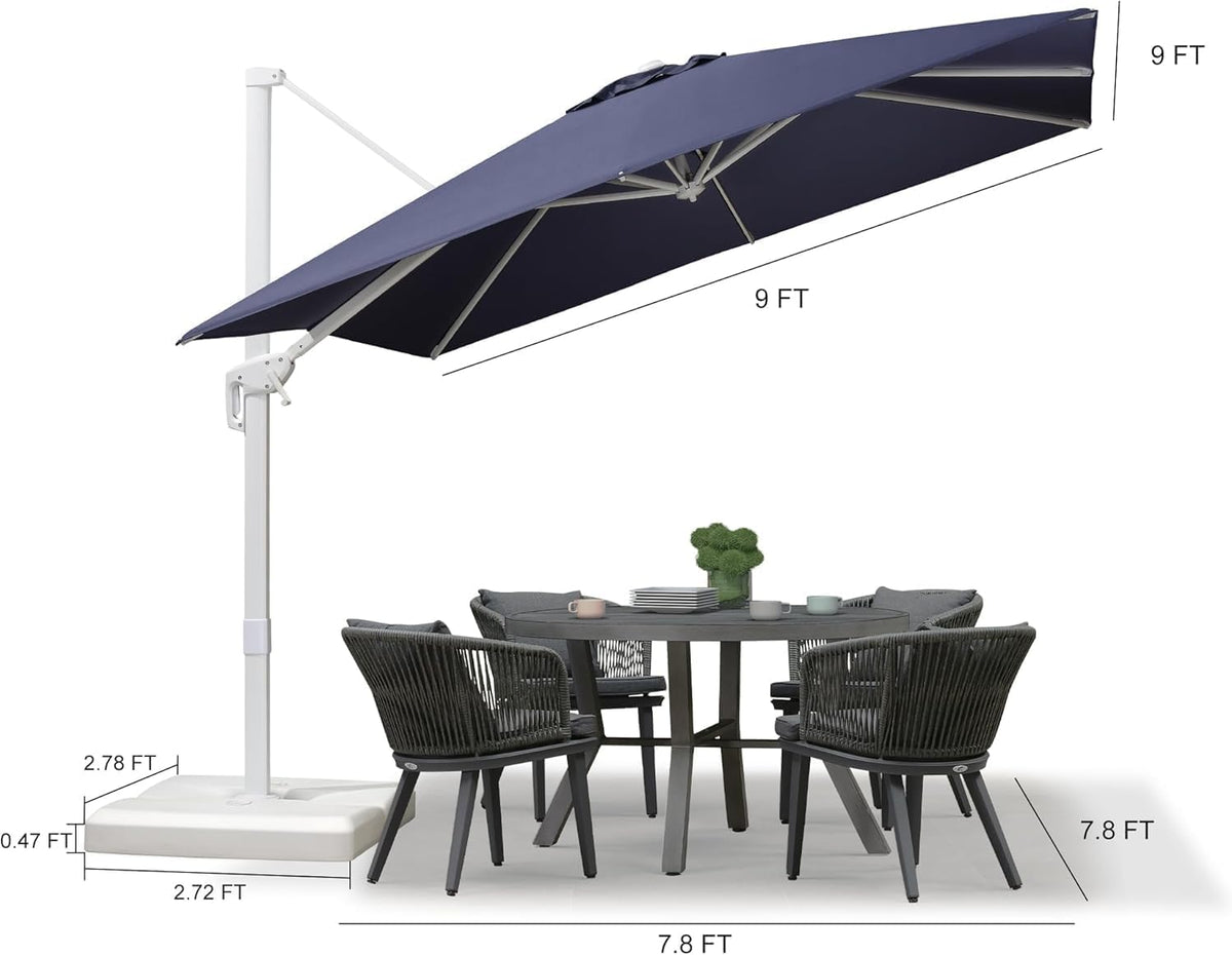 PURPLE LEAF 9 FT White Patio Umbrella With Base Outdoor Cantilever Umbrellas Square Offset Umbrella Windproof with 360° Rotation for Garden Deck Pool, Navy Blue