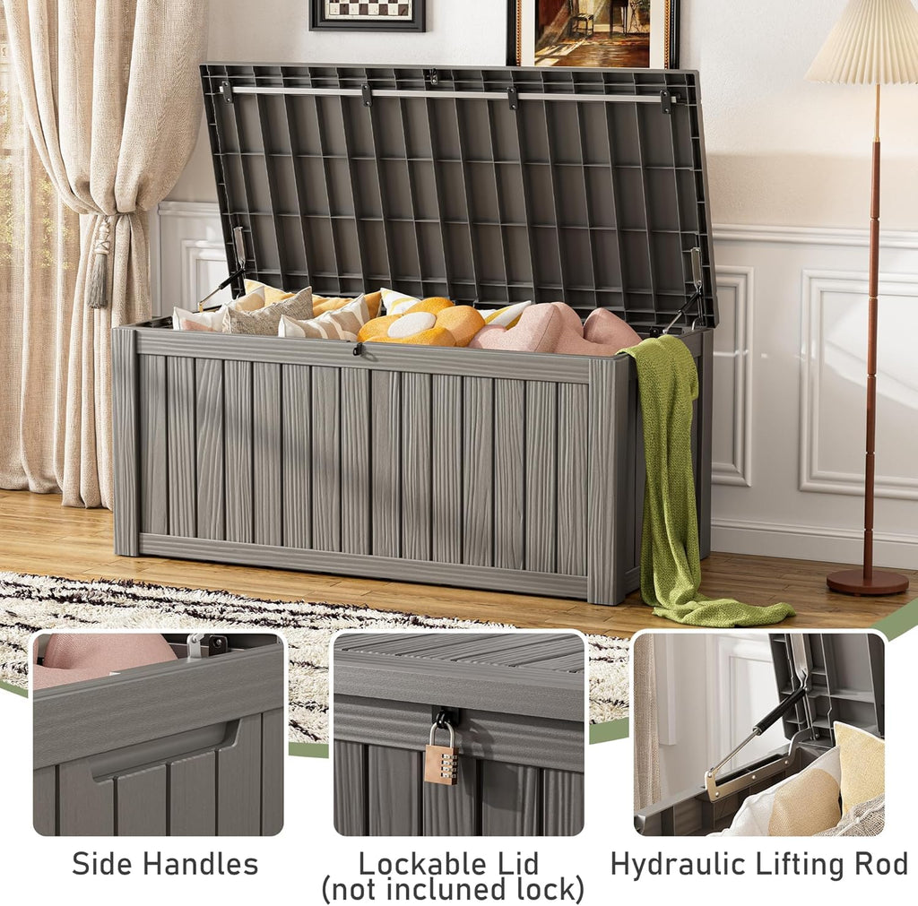 150 Gallon Outdoor Storage Box, Resin Deck Boxes Outdoor Waterproof For Patio Furniture, Garden Tools, Pool Supplies, Lockable And UV Resistant (Striped Gray)