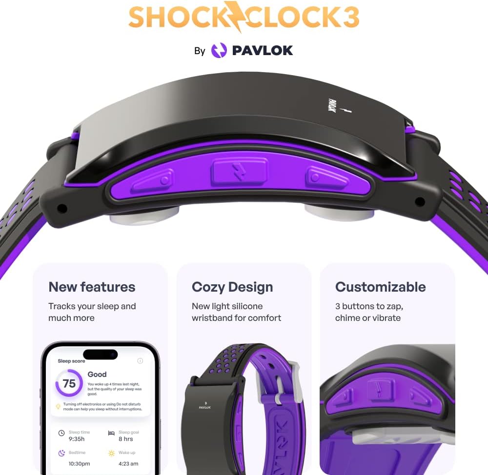 Pavlok Shock Clock 3 | Smart Alarm for Heavy Sleepers & Habit Breakers | Vibration, Beep & Safe Zap Wake Up | App-Controlled | Waterproof & Sweatproof | Silent Alarm for Couples | 1-Year Warranty