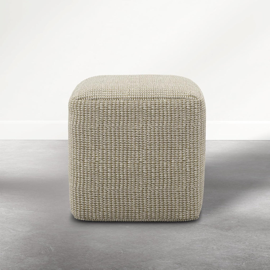 SIMPLIHOME Zelma Square Pouf – 18 inch Wide Upholstered PET Polyester Ottoman in Dune Beige, Boho Indoor/Outdoor Footstool or Extra Seating for Living Room or Patio, Assembled