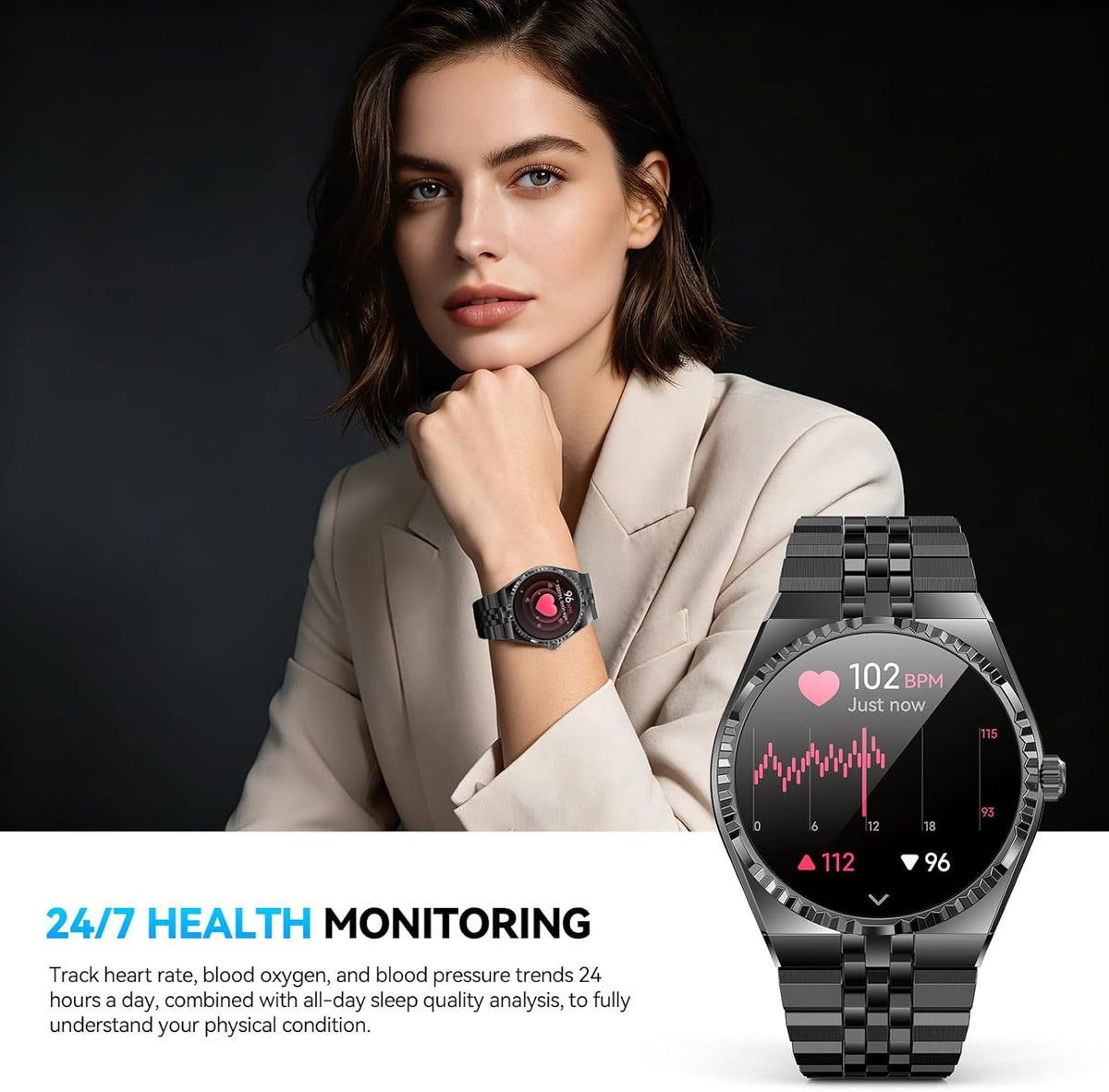 2026 Smart Watch with Bluetooth Calls, 1.32" AMOLED Display, 160+ Sports Modes, Heart Rate/Blood Oxygen/Blood Pressure/Sleep Monitor, IP68 Waterproof, Compatible with iOS Android for Men Women Black