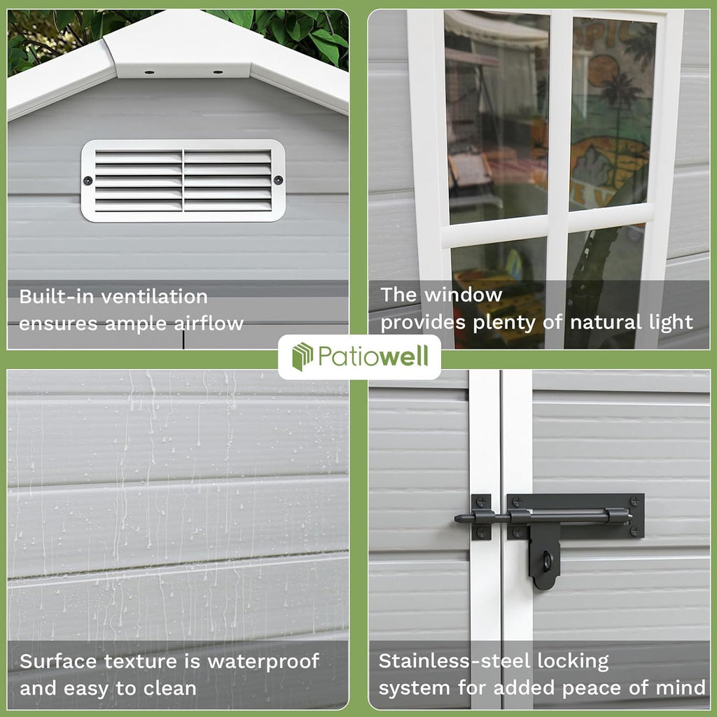 Patiowell 6 x 4 FT Plastic Outdoor Storage Shed with Floor, Resin Outside Sheds with Window, Garden Tool Shed with Lockable Door for Patio Storage, Backyard, Light Gray