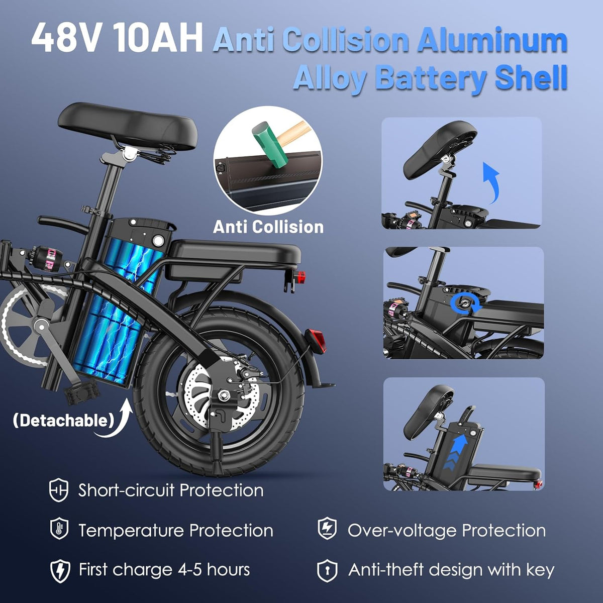 Foldable Electric Bike for Adults and Teens, 740W Peak Motor Ebike with 48V 10AH/20AH Removable Battery, 30-60 Miles PAS Range, 14" Folding Mini E-Bike, 20MPH Electric Bicycle for Daily Commuting